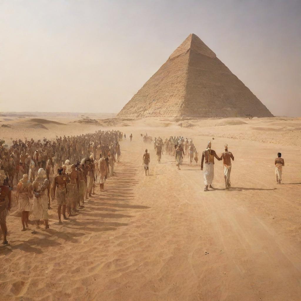 The Pharaoh king ordering a multitude of servants, in the hot desert backdrop of ancient Egypt, to construct towering pyramids.