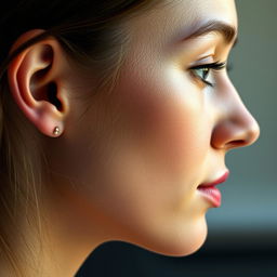 A realistic close-up portrait of a woman's face, focusing on the left side, highlighting her facial features, skin texture, and details of her ear