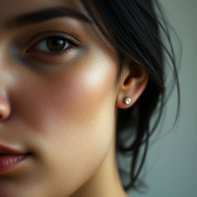 A realistic close-up portrait of a woman's face, focusing on the left side, highlighting her facial features, skin texture, and details of her ear