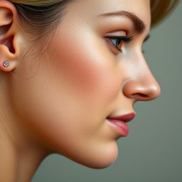 A realistic close-up portrait of a woman's face, focusing on the left side, highlighting her facial features, skin texture, and details of her ear