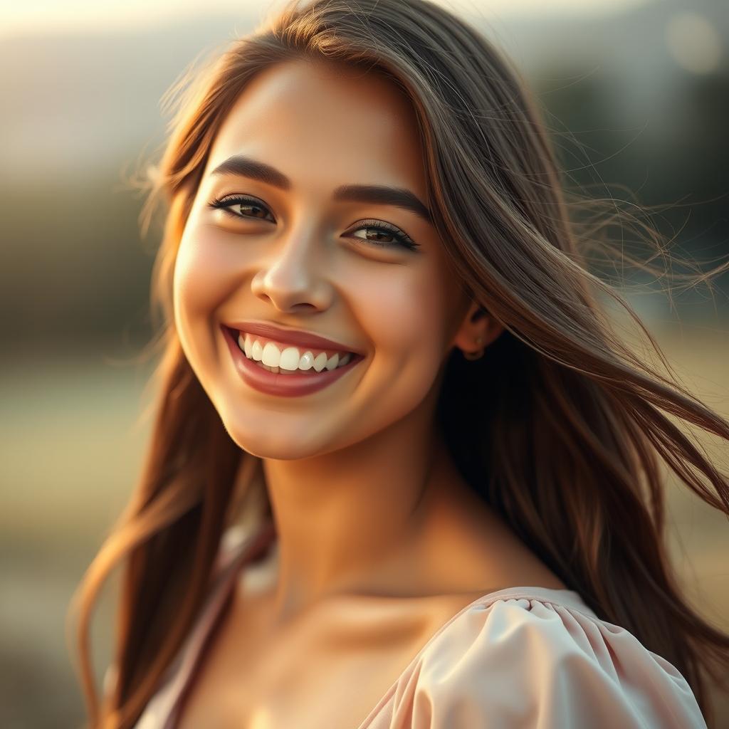 A stunning portrait of a young woman with an expressive, joyful face, capturing her beauty and emotion in a high-fashion editorial style