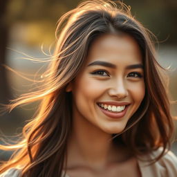 A stunning portrait of a young woman with an expressive, joyful face, capturing her beauty and emotion in a high-fashion editorial style