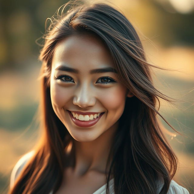 A stunning portrait of a young woman with an expressive, joyful face, capturing her beauty and emotion in a high-fashion editorial style