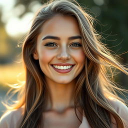 A stunning portrait of a young woman with an expressive, joyful face, capturing her beauty and emotion in a high-fashion editorial style
