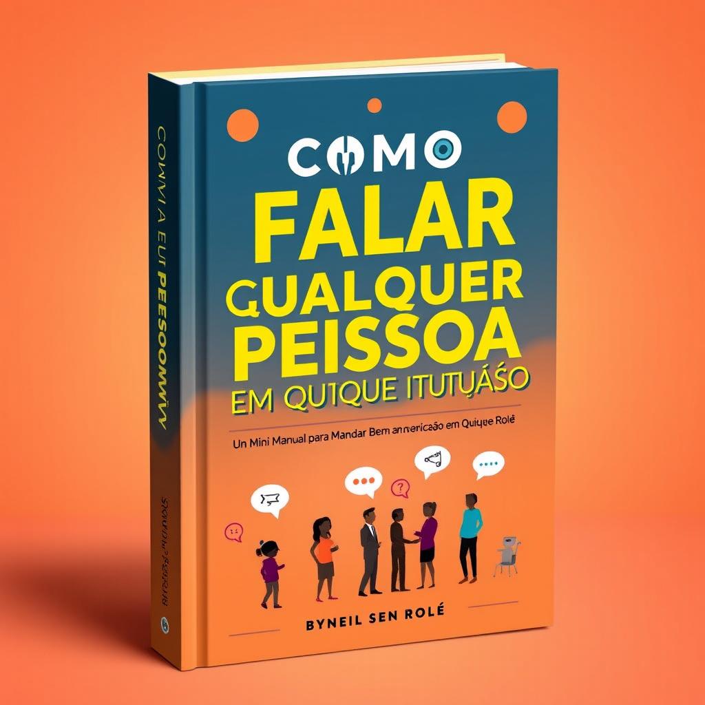 A stylish book cover design featuring bold typography that reads 'Como Falar com Qualquer Pessoa em Qualquer Situação: Um Mini Manual para Mandar Bem na Comunicação em Qualquer Rolê'