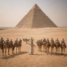 The Pharaoh king ordering a multitude of servants, in the hot desert backdrop of ancient Egypt, to construct towering pyramids.