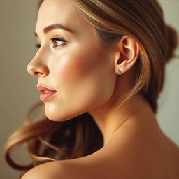 A realistic portrait of a woman viewed from the side, showcasing her facial features and ear in detail