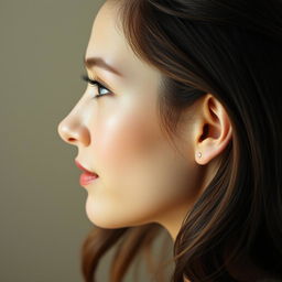 A realistic portrait of a woman viewed from the side, showcasing her facial features and ear in detail