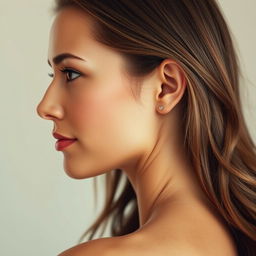 A realistic portrait of a woman viewed from the side, showcasing her facial features and ear in detail