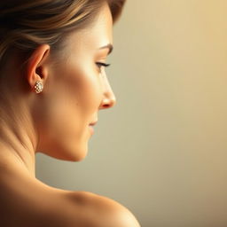 A realistic portrait of a woman viewed from the side, showcasing her facial features and ear in detail