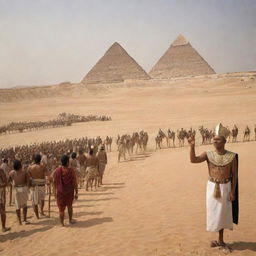 The Pharaoh king ordering a multitude of servants, in the hot desert backdrop of ancient Egypt, to construct towering pyramids.