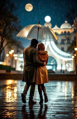 A romantic scene on a rainy night featuring two people walking away together under one umbrella