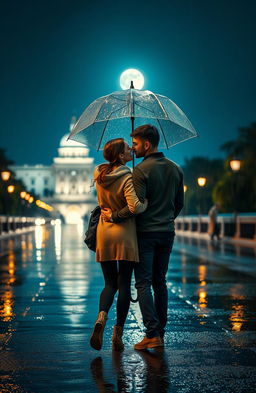 A romantic scene on a rainy night featuring two people walking away together under one umbrella