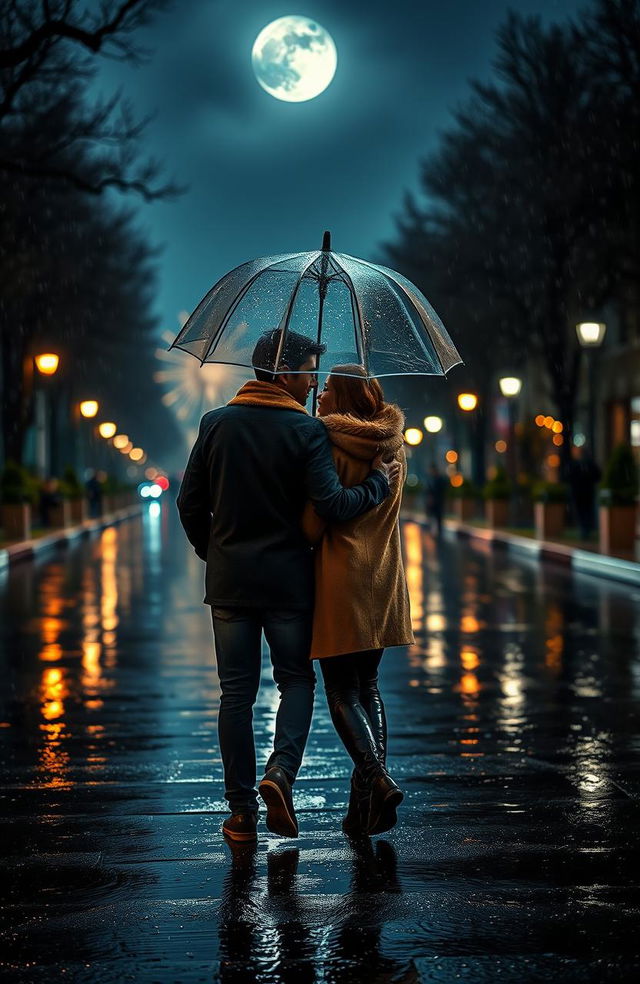 A romantic scene on a rainy night featuring two people walking away together under one umbrella