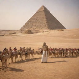 The Pharaoh king ordering a multitude of servants, in the hot desert backdrop of ancient Egypt, to construct towering pyramids.