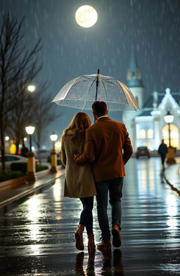 A romantic scene on a rainy night featuring two people walking away together under one umbrella