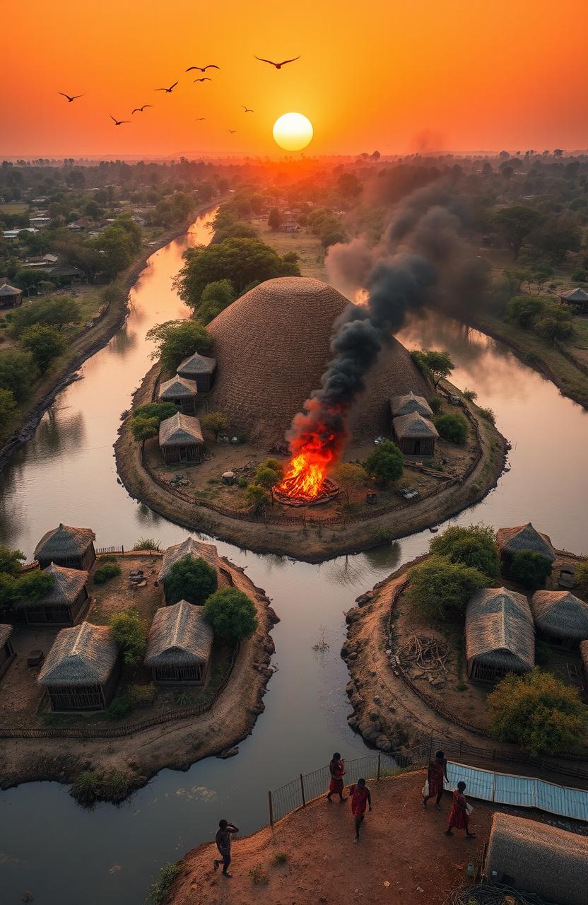 An aerial view of three African villages separated by a river with huge banks lined with tall trees