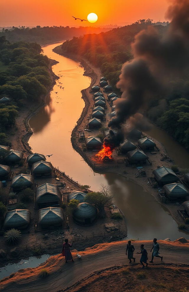 An aerial view of three African villages separated by a river with huge banks lined with tall trees