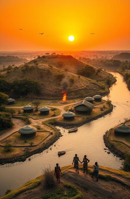An aerial view of three African villages separated by a river with huge banks lined with tall trees