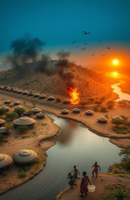 An aerial view of three African villages separated by a river with huge banks lined with tall trees