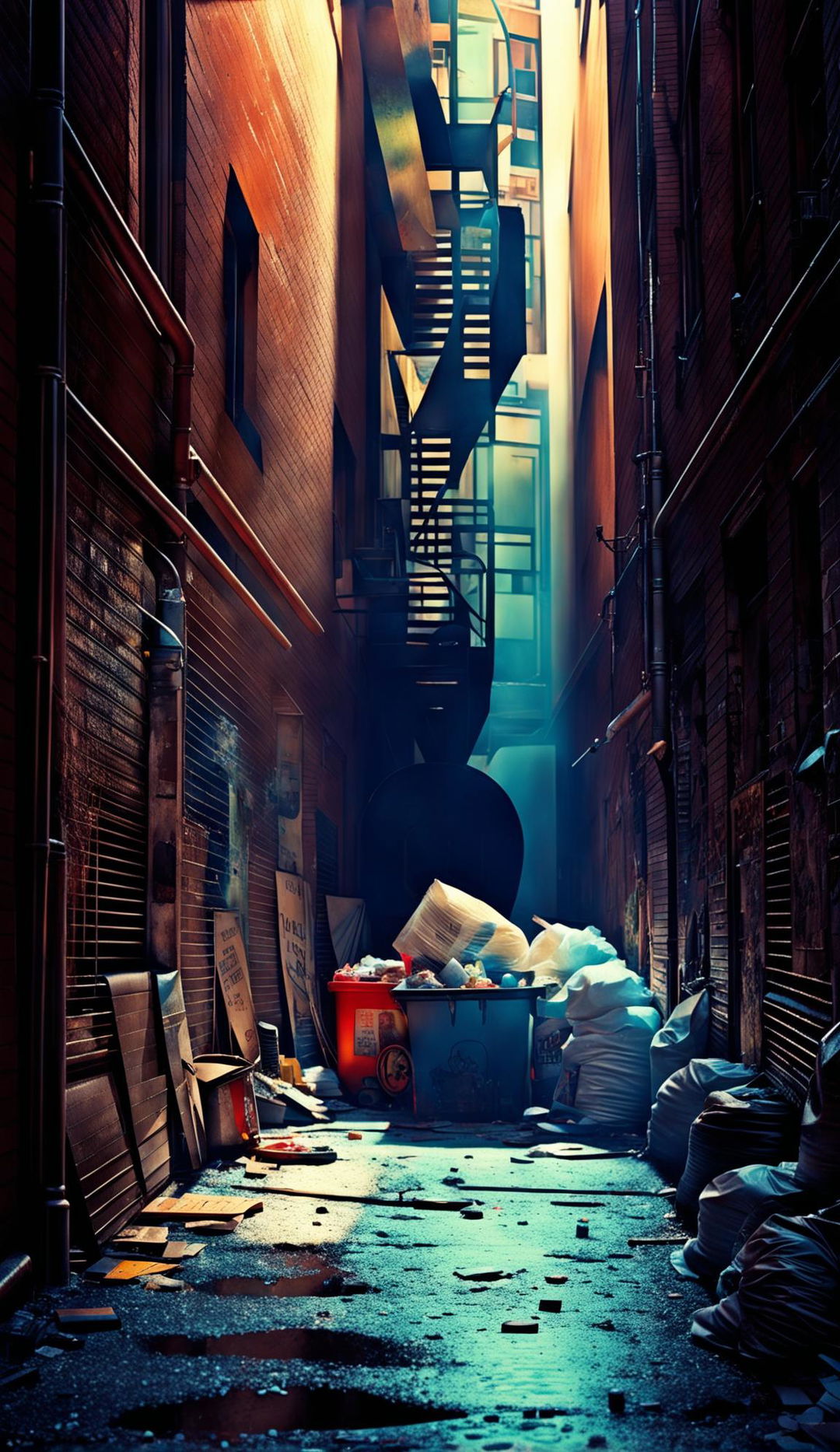 A hyper-detailed 4K photograph of a gritty urban alleyway bathed in cinematic lighting. The scene is devoid of people, focusing instead on the litter and an overflowing dumpster.