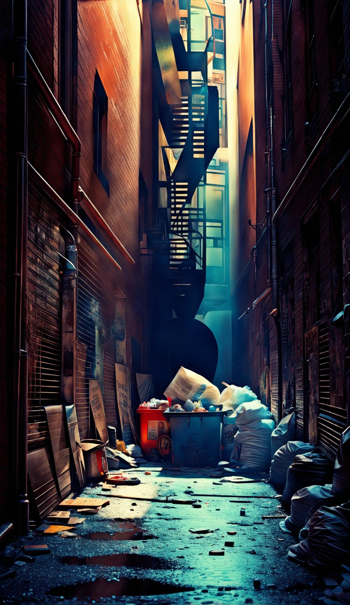A hyper-detailed 4K photograph of a gritty urban alleyway bathed in cinematic lighting. The scene is devoid of people, focusing instead on the litter and an overflowing dumpster.