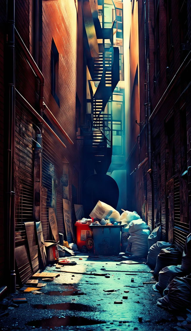 A hyper-detailed 4K photograph of a gritty urban alleyway bathed in cinematic lighting. The scene is devoid of people, focusing instead on the litter and an overflowing dumpster.