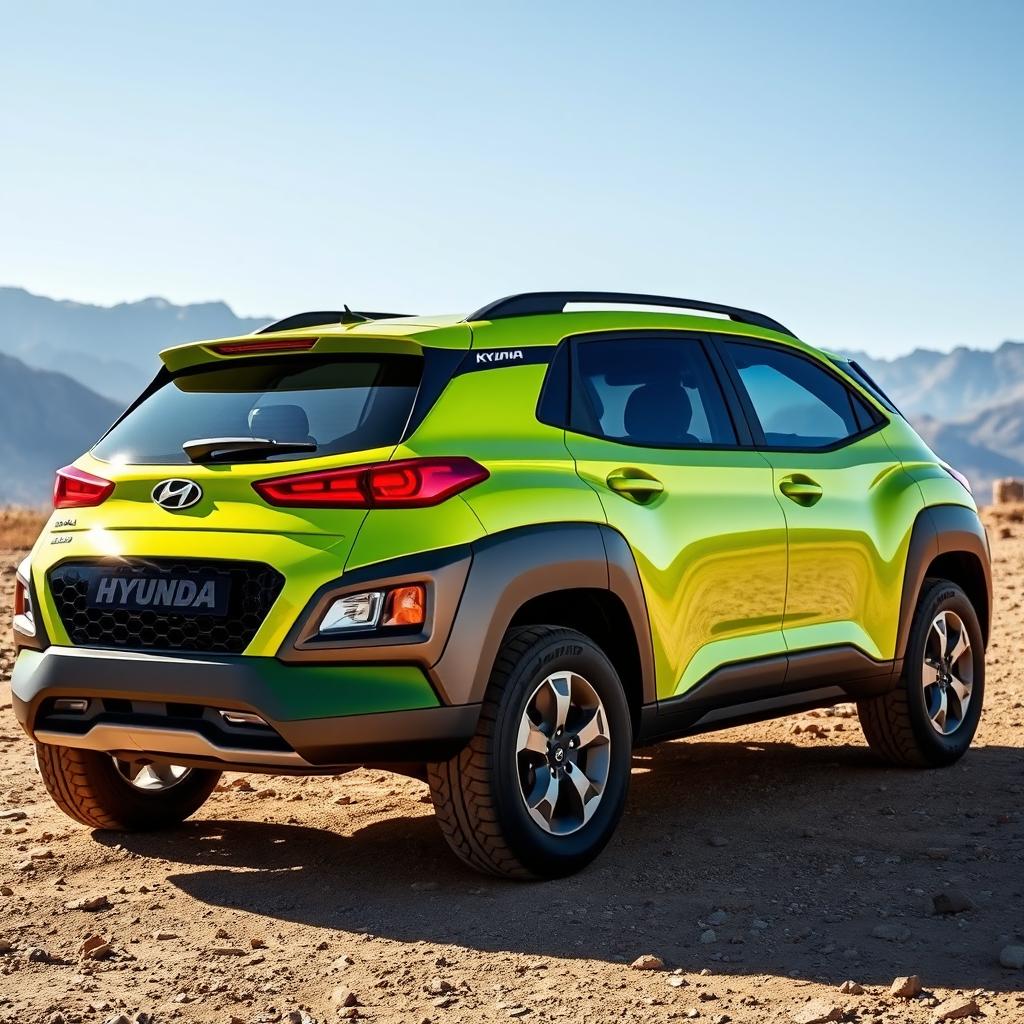 A vibrant lime green 2020 Hyundai Kona, expertly designed for off-road adventures, parked on a rugged terrain with mountains in the background