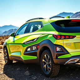 A vibrant lime green 2020 Hyundai Kona, expertly designed for off-road adventures, parked on a rugged terrain with mountains in the background