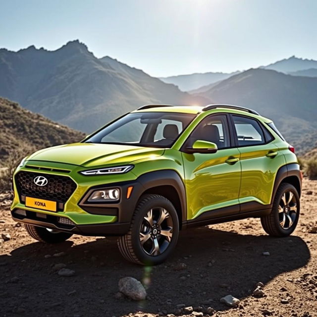 A vibrant lime green 2020 Hyundai Kona, expertly designed for off-road adventures, parked on a rugged terrain with mountains in the background