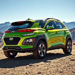 A vibrant lime green 2020 Hyundai Kona, expertly designed for off-road adventures, parked on a rugged terrain with mountains in the background