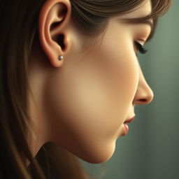 A realistic portrayal of a woman's face viewed from the side, highlighting the delicate features of her ear and the contours of her face
