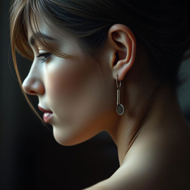 A realistic portrayal of a woman's face viewed from the side, highlighting the delicate features of her ear and the contours of her face