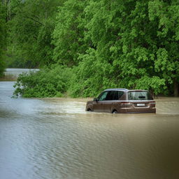 An SUV submerged in a flooded river up to just above the side mirror level, emphasizing the depth and power of the flooding water.