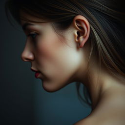 A realistic portrayal of a woman's face viewed from the side, highlighting the delicate features of her ear and the contours of her face