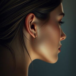 A realistic portrayal of a woman's face viewed from the side, highlighting the delicate features of her ear and the contours of her face