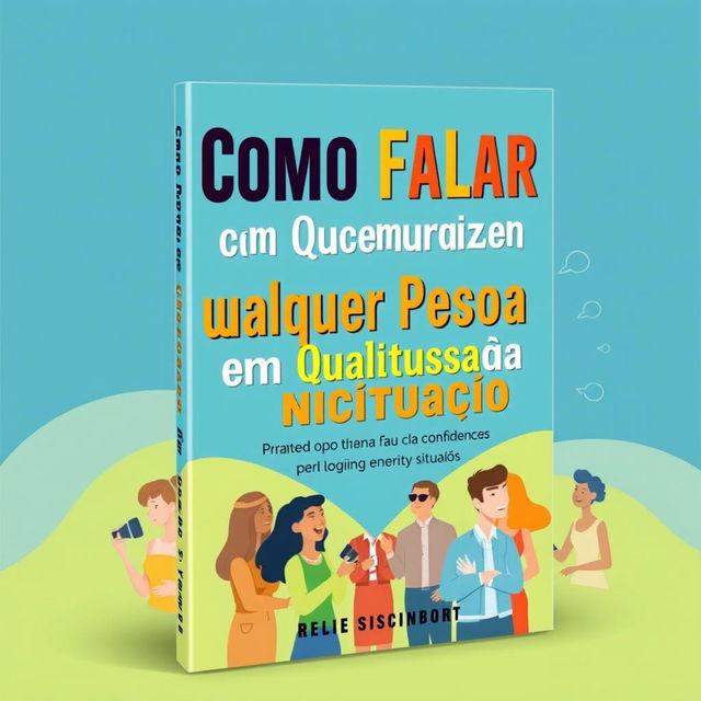 A vibrant and engaging book cover design featuring the title 'Como Falar com Qualquer Pessoa em Qualquer Situação' prominently displayed in bold, modern typography