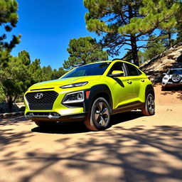 A vibrant lime green 2020 Hyundai Kona parked in a scenic outdoor setting, showcasing its rugged off-road capabilities