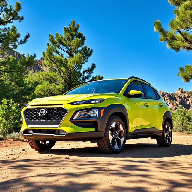 A vibrant lime green 2020 Hyundai Kona parked in a scenic outdoor setting, showcasing its rugged off-road capabilities