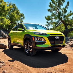 A vibrant lime green 2020 Hyundai Kona parked in a scenic outdoor setting, showcasing its rugged off-road capabilities