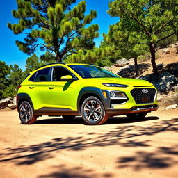 A vibrant lime green 2020 Hyundai Kona parked in a scenic outdoor setting, showcasing its rugged off-road capabilities