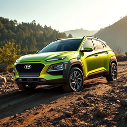A striking lime green 2020 Hyundai Kona designed for off-roading, positioned in a rugged outdoor environment