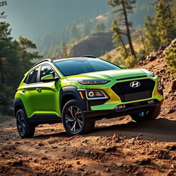 A striking lime green 2020 Hyundai Kona designed for off-roading, positioned in a rugged outdoor environment