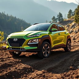 A striking lime green 2020 Hyundai Kona designed for off-roading, positioned in a rugged outdoor environment