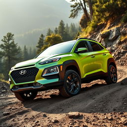 A striking lime green 2020 Hyundai Kona designed for off-roading, positioned in a rugged outdoor environment