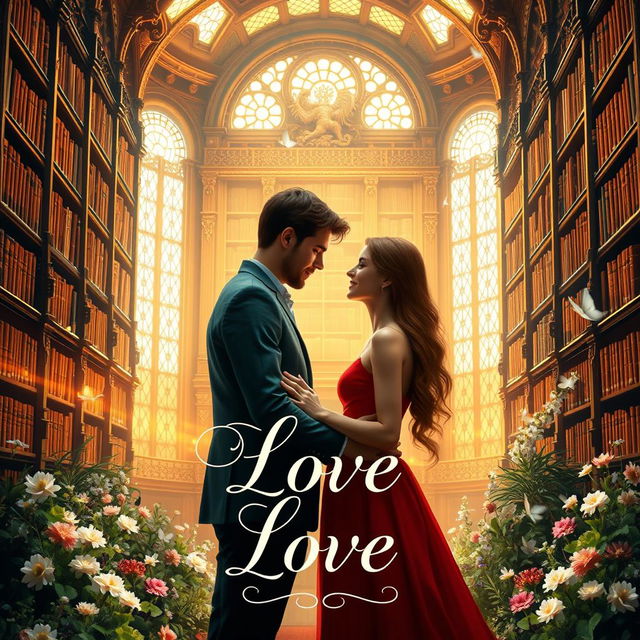 An enchanting and lovely book cover design that features a romantic couple in love standing in front of a grand library