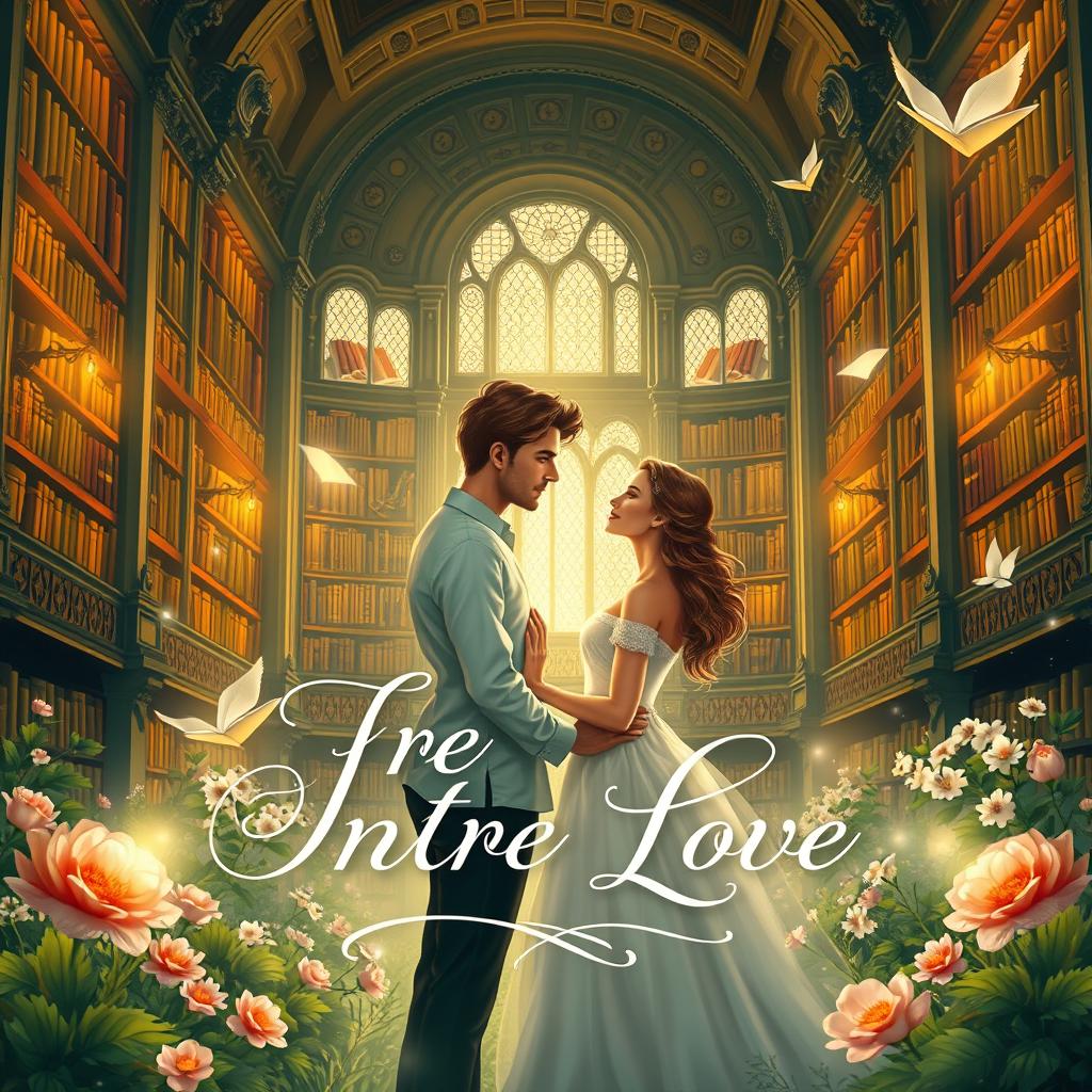 An enchanting and lovely book cover design that features a romantic couple in love standing in front of a grand library