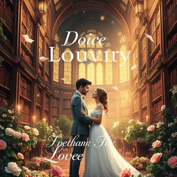 An enchanting and lovely book cover design that features a romantic couple in love standing in front of a grand library