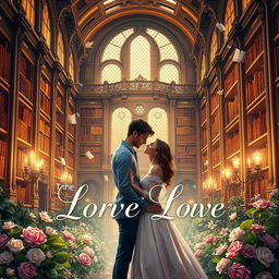 An enchanting and lovely book cover design that features a romantic couple in love standing in front of a grand library