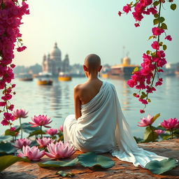 A serene and picturesque book cover featuring a slim and slender tonsured woman from behind, draped in a flowing white sari, sitting gracefully on the banks of the Ganges River